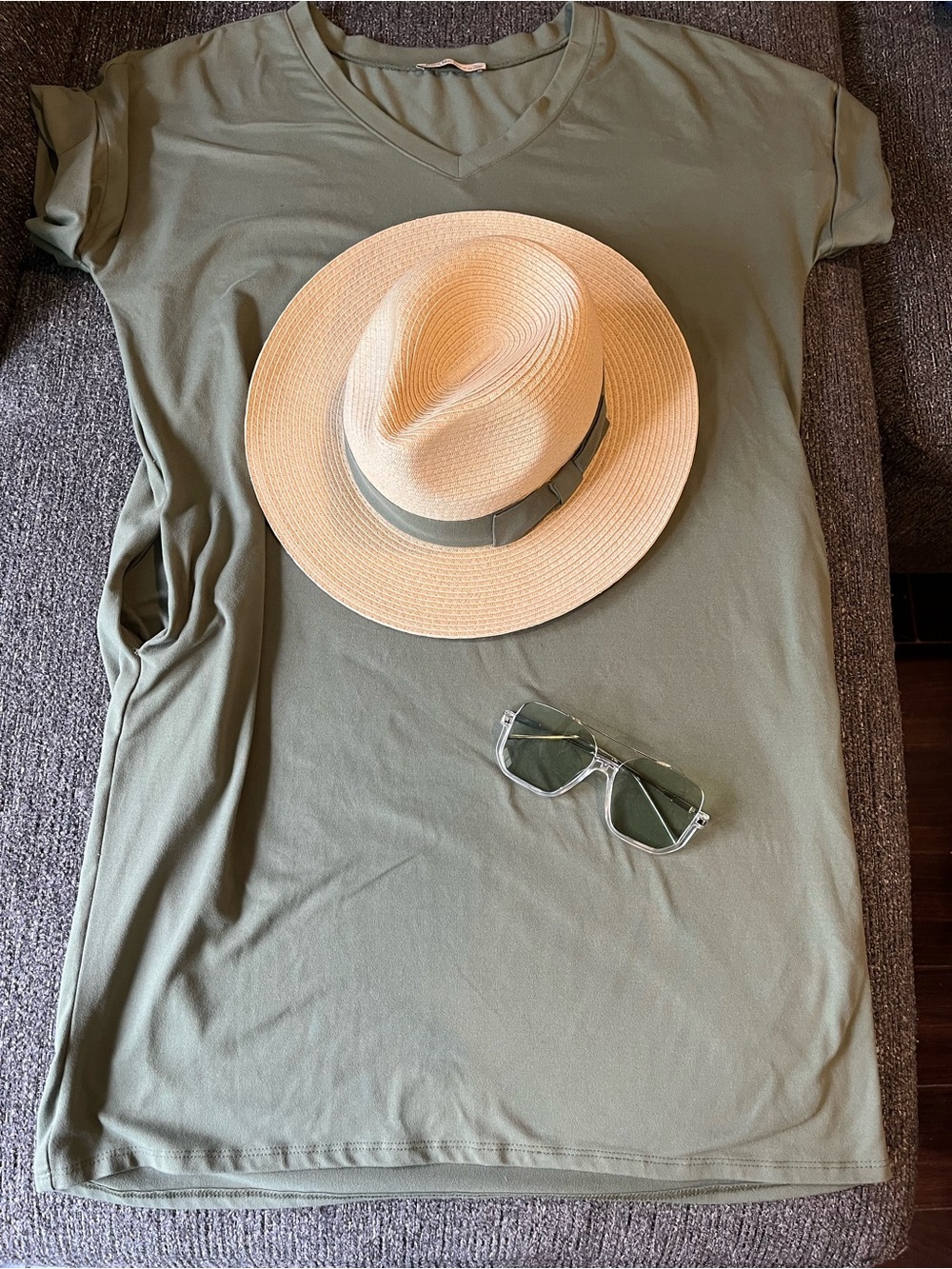 Women’s dress, guess hat & green sunglasses 😎